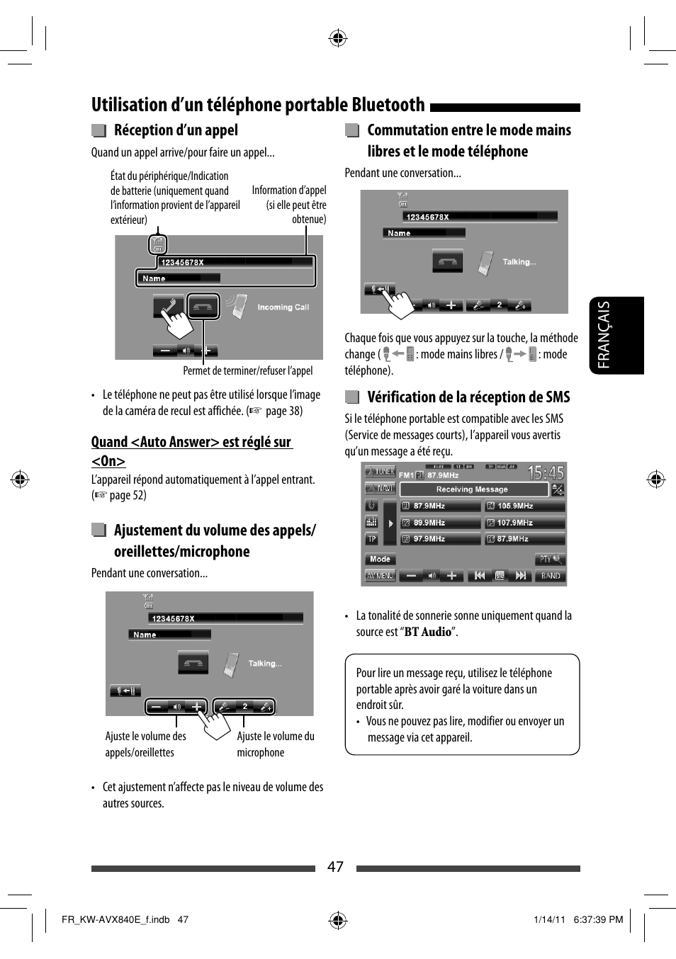 Utilisation d’un téléphone portable bluetooth, Réception d’un appel, Vérification de la réception de sms | JVC KW-AVX840 User Manual | Page 175 / 261