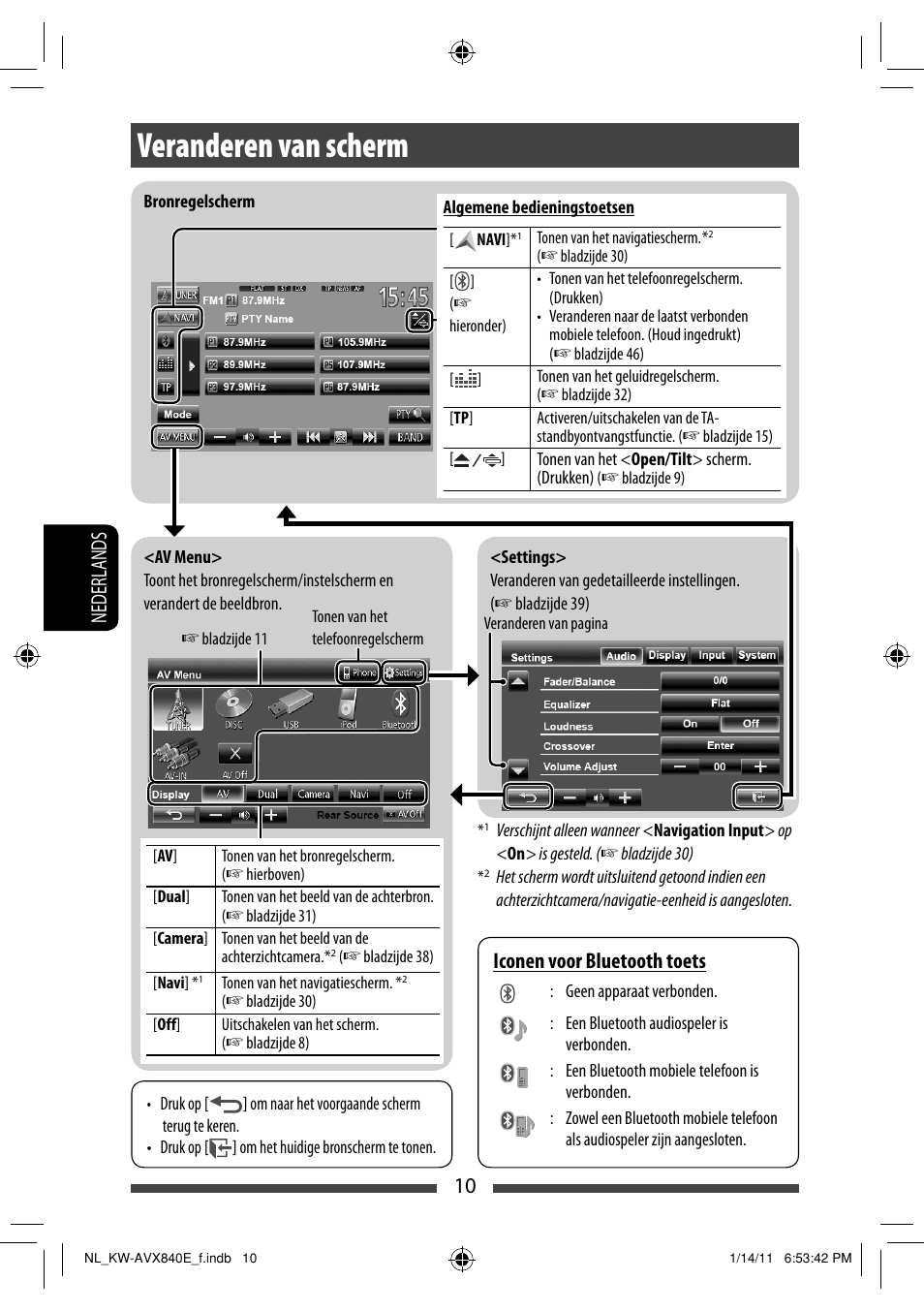 Veranderen van scherm, 10 nederlands, Iconen voor bluetooth toets | JVC KW-AVX840 User Manual | Page 202 / 261