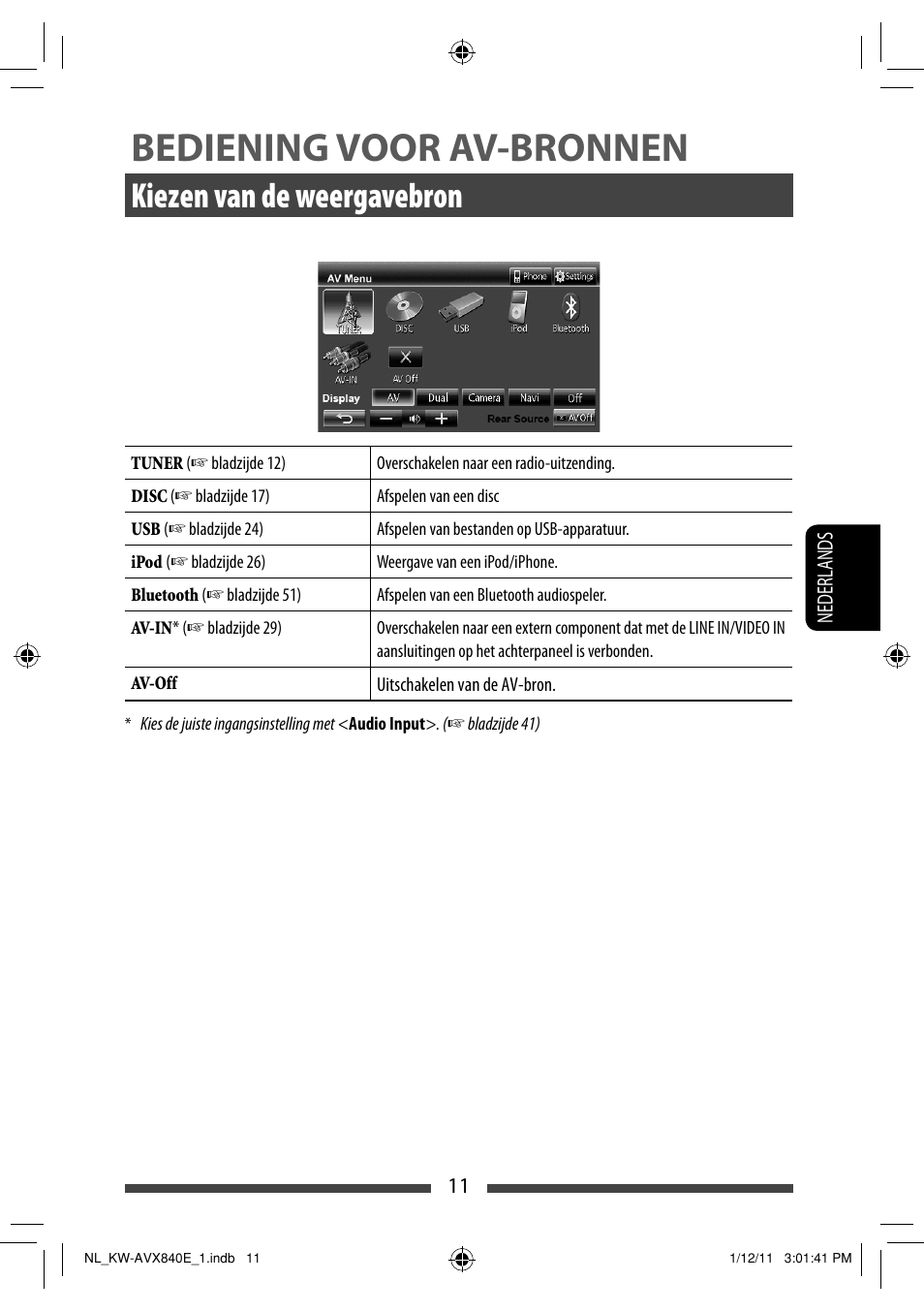 Bediening voor av-bronnen, Kiezen van de weergavebron | JVC KW-AVX840 User Manual | Page 203 / 261