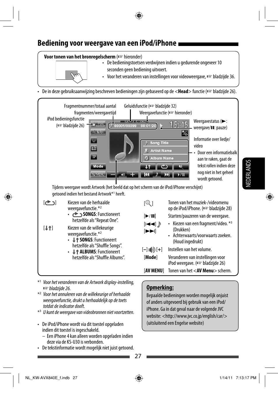 Bediening voor weergave van een ipod/iphone, 27 nederlands, Opmerking | JVC KW-AVX840 User Manual | Page 219 / 261