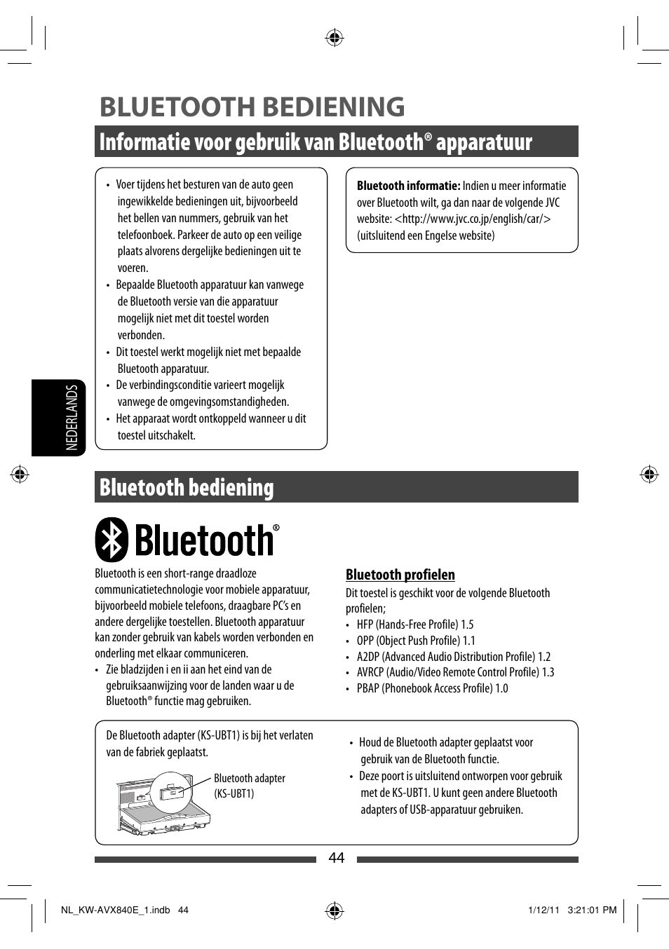 Bluetooth bediening, Informatie voor gebruik van bluetooth® apparatuur | JVC KW-AVX840 User Manual | Page 236 / 261