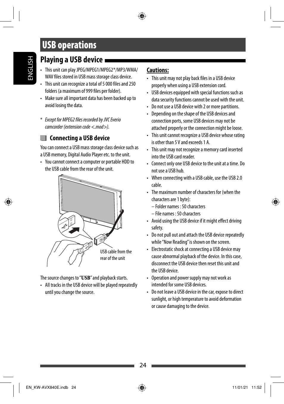 Usb operations, Playing a usb device, Connecting a usb device | JVC KW-AVX840 User Manual | Page 24 / 261