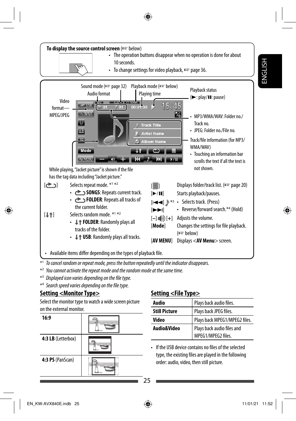 25 english, Setting <file type, Setting <monitor type | JVC KW-AVX840 User Manual | Page 25 / 261