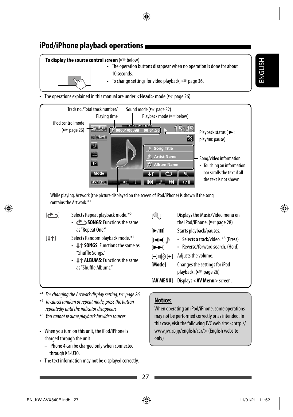 Ipod/iphone playback operations, 27 english, Notice | JVC KW-AVX840 User Manual | Page 27 / 261