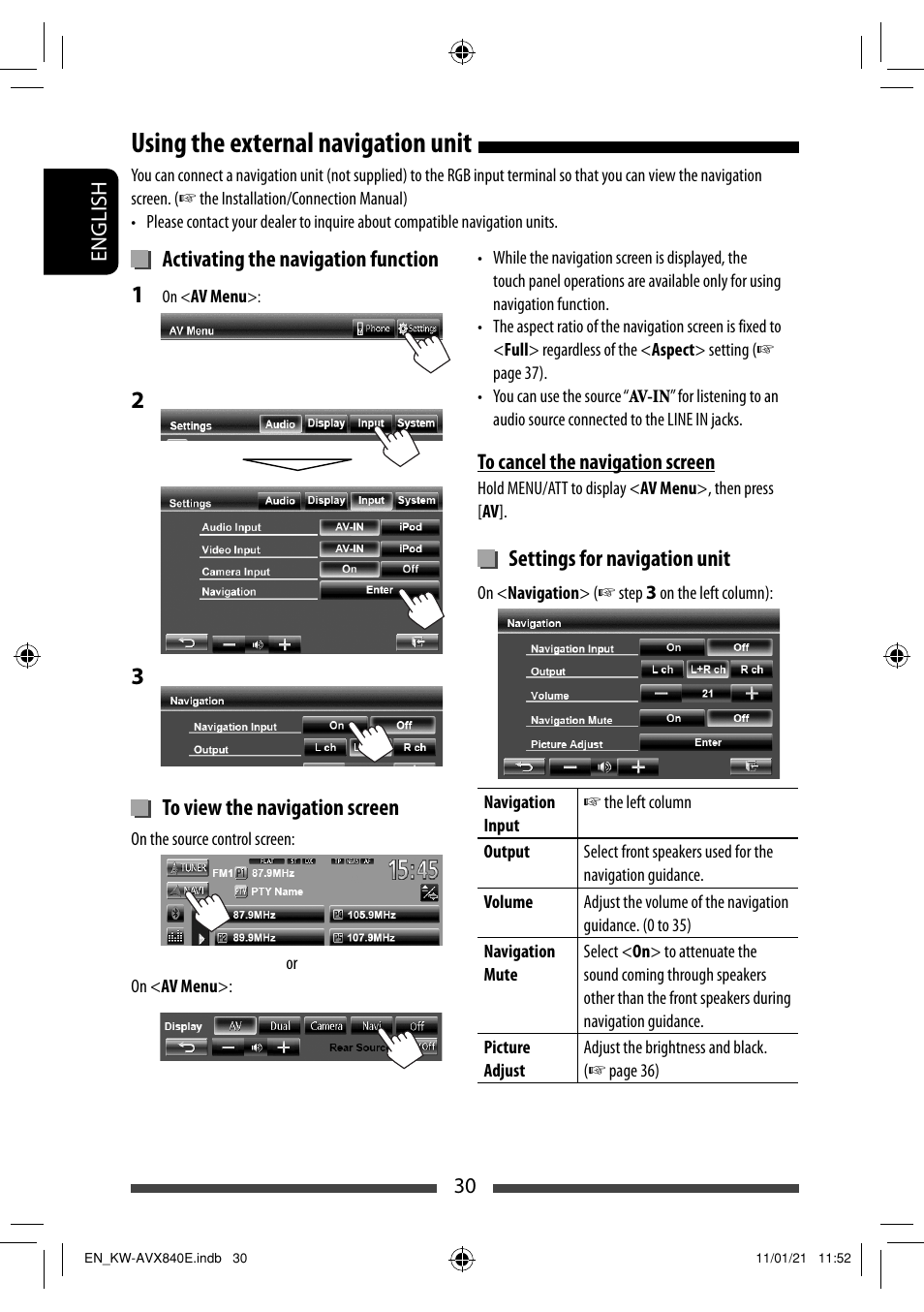 Using the external navigation unit, Activating the navigation function, Settings for navigation unit | JVC KW-AVX840 User Manual | Page 30 / 261