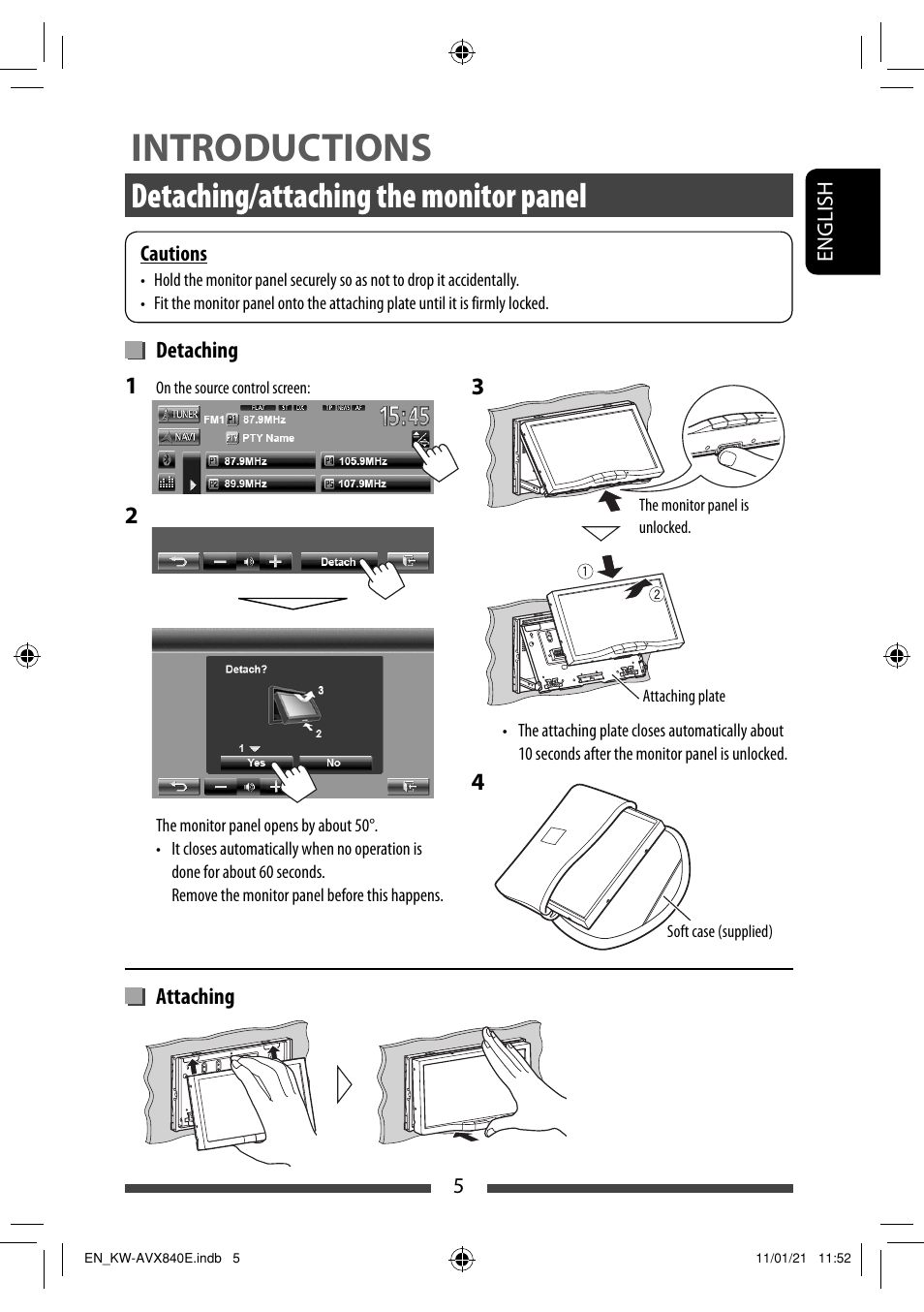 Introductions, Detaching/attaching the monitor panel | JVC KW-AVX840 User Manual | Page 5 / 261