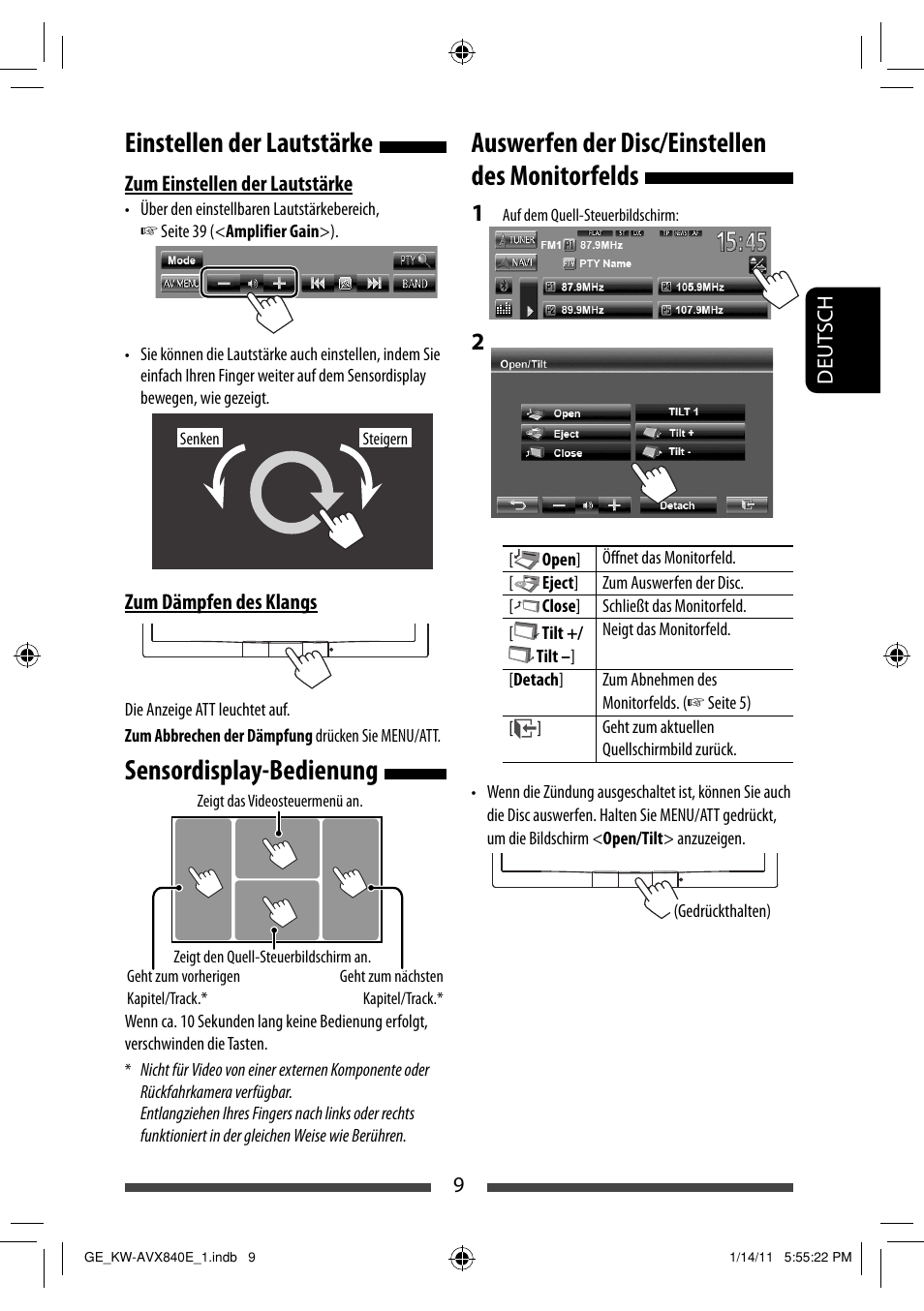 Einstellen der lautstärke, Sensordisplay-bedienung, Auswerfen der disc/einstellen des monitorfelds | JVC KW-AVX840 User Manual | Page 73 / 261