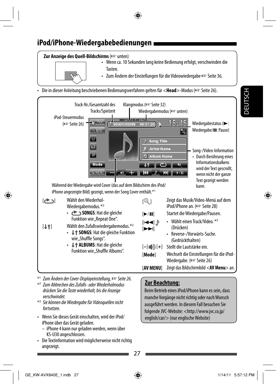 Ipod/iphone-wiedergabebedienungen, 27 deut sch, Zur beachtung | JVC KW-AVX840 User Manual | Page 91 / 261