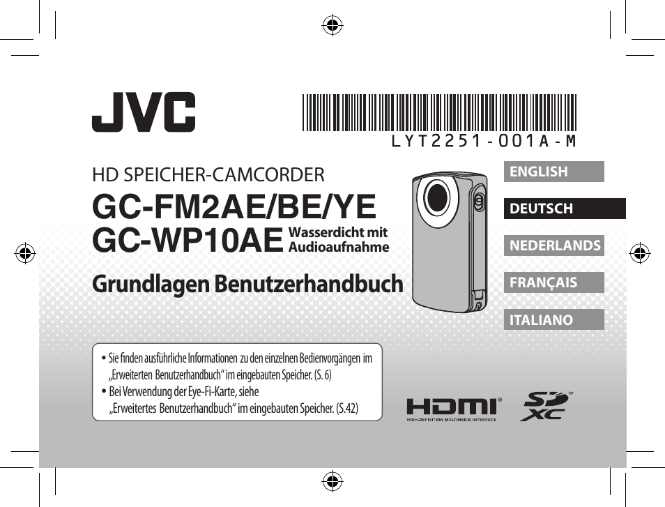 Deutsch, Gc-fm2ae/be/ye gc-wp10ae, Grundlagen benutzerhandbuch | JVC GC-WP10 User Manual | Page 10 / 45