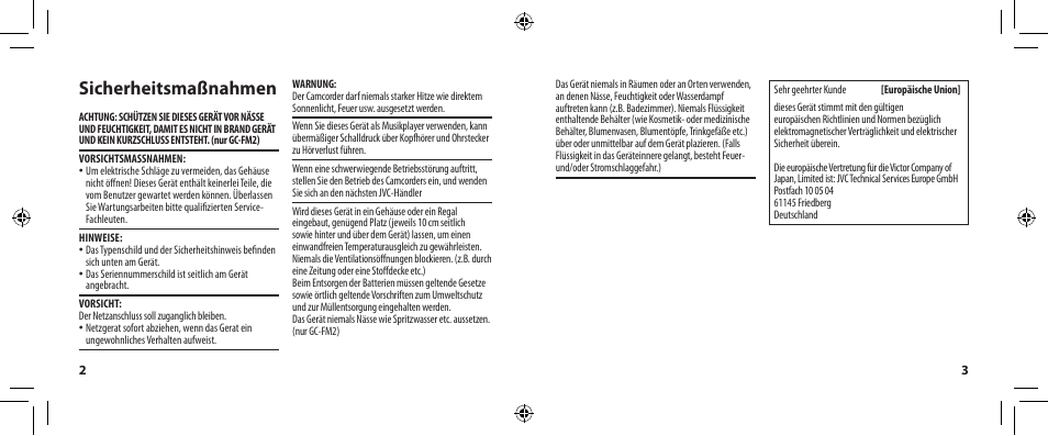 Sicherheitsmaßnahmen | JVC GC-WP10 User Manual | Page 11 / 45