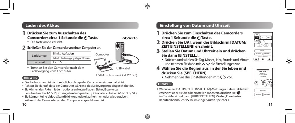 Laden des akkus, Einstellung von datum und uhrzeit | JVC GC-WP10 User Manual | Page 15 / 45