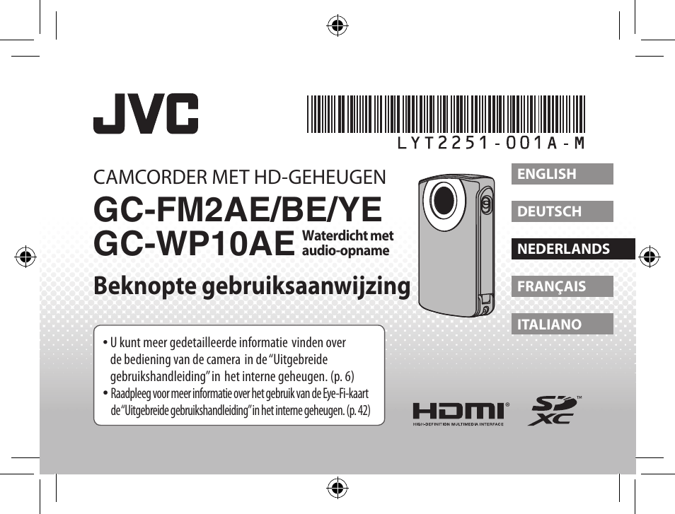 Nederlands, Gc-fm2ae/be/ye gc-wp10ae, Beknopte gebruiksaanwijzing | JVC GC-WP10 User Manual | Page 19 / 45