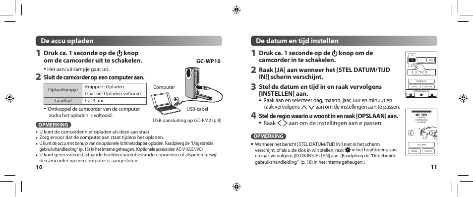 De accu opladen, De datum en tijd instellen | JVC GC-WP10 User Manual | Page 24 / 45