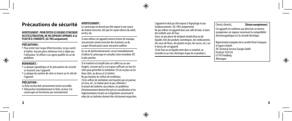 Précautions de sécurité | JVC GC-WP10 User Manual | Page 29 / 45