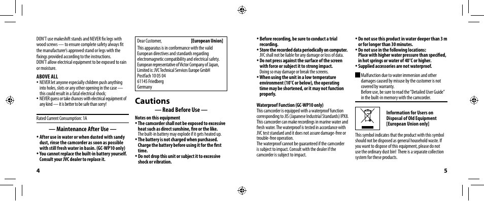 Cautions | JVC GC-WP10 User Manual | Page 3 / 45