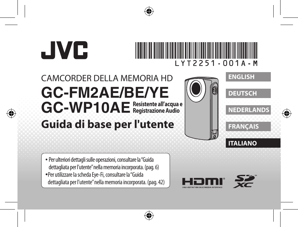 Italiano, Gc-fm2ae/be/ye gc-wp10ae, Guida di base per l'utente | JVC GC-WP10 User Manual | Page 37 / 45
