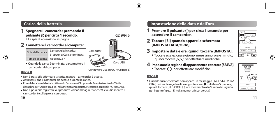 Carica della batteria, Impostazione della data e dell’ora | JVC GC-WP10 User Manual | Page 42 / 45