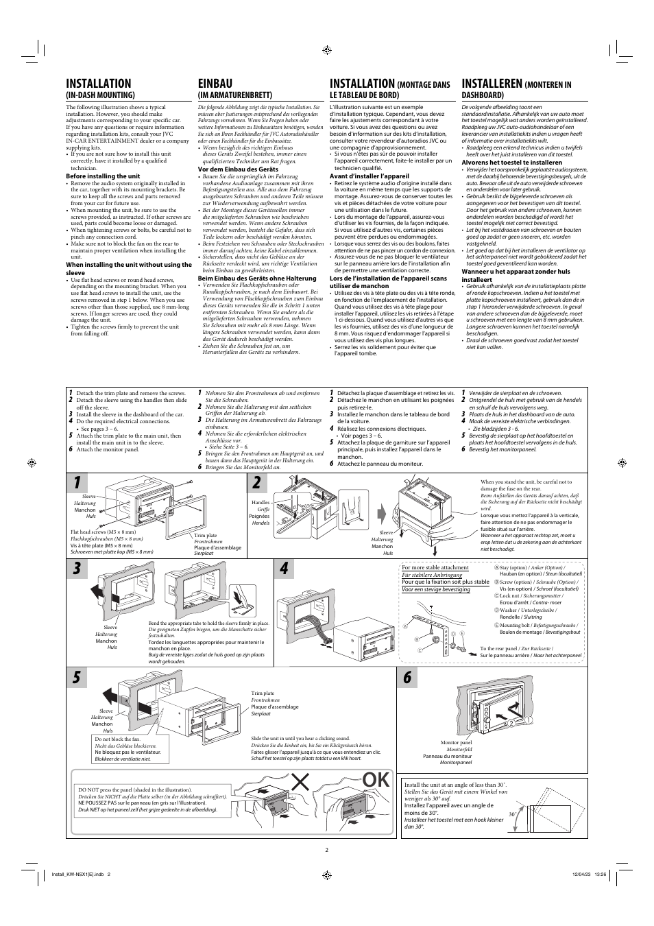 Installation, Installeren, Einbau | In-dash mounting), Montage dans le tableau de bord), Monteren in dashboard), Im armaturenbrett) | JVC KW-NSX1 User Manual | Page 2 / 6