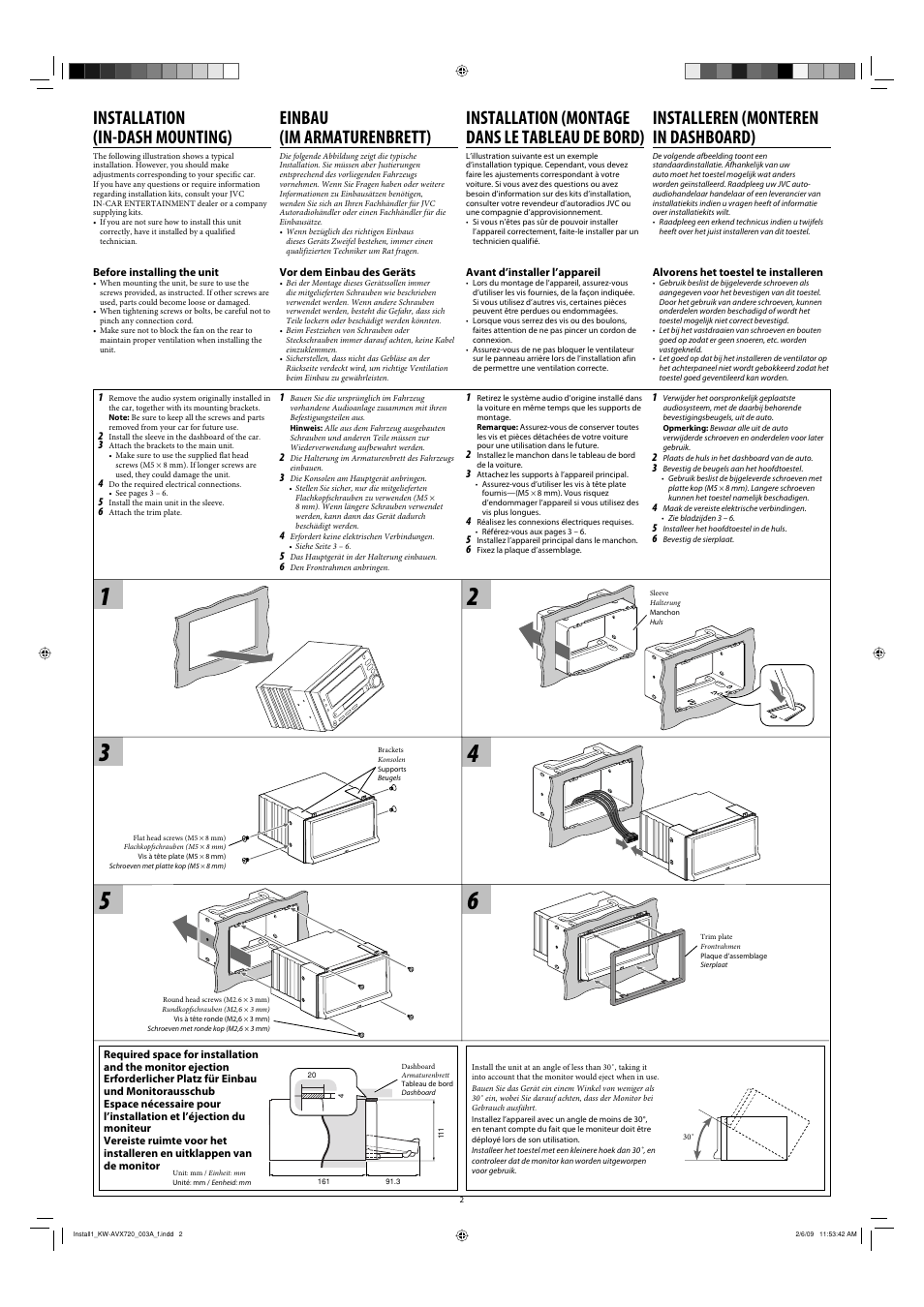 Installation (in-dash mounting), Installation (montage dans le tableau de bord), Installeren (monteren in dashboard) | Einbau (im armaturenbrett) | JVC KW-AVX720 User Manual | Page 2 / 6