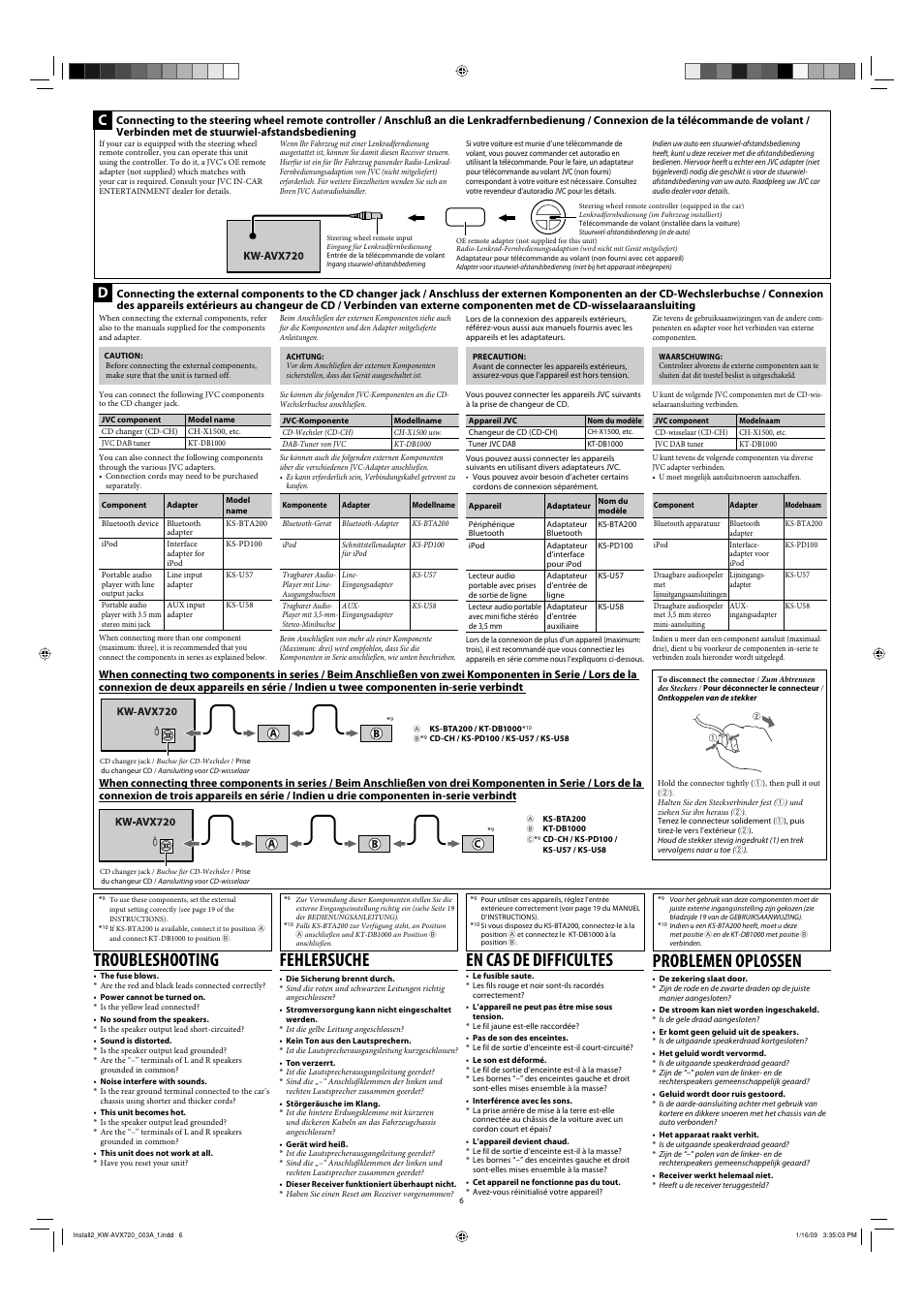 Troubleshooting, En cas de difficultes, Fehlersuche | Problemen oplossen | JVC KW-AVX720 User Manual | Page 6 / 6