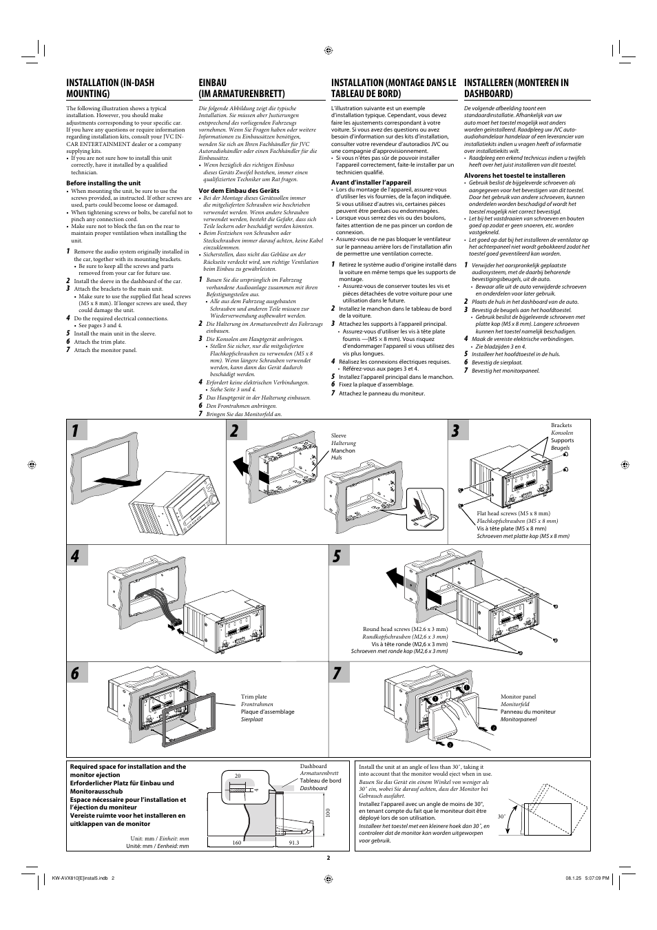 Installeren (monteren in dashboard), Installation (montage dans le tableau de bord), Einbau (im armaturenbrett) | Installation (in-dash mounting) | JVC KW-AVX810 User Manual | Page 2 / 6