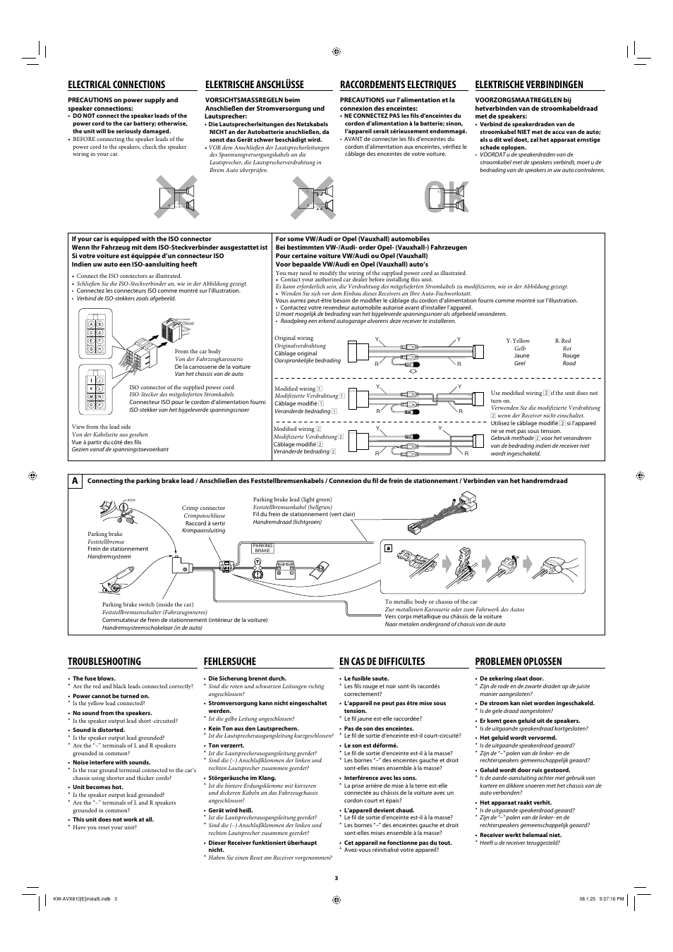 Electrical connections, Elektrische anschlüsse, Raccordements electriques | Elektrische verbindingen, Troubleshooting, Fehlersuche, En cas de difficultes, Problemen oplossen | JVC KW-AVX810 User Manual | Page 3 / 6