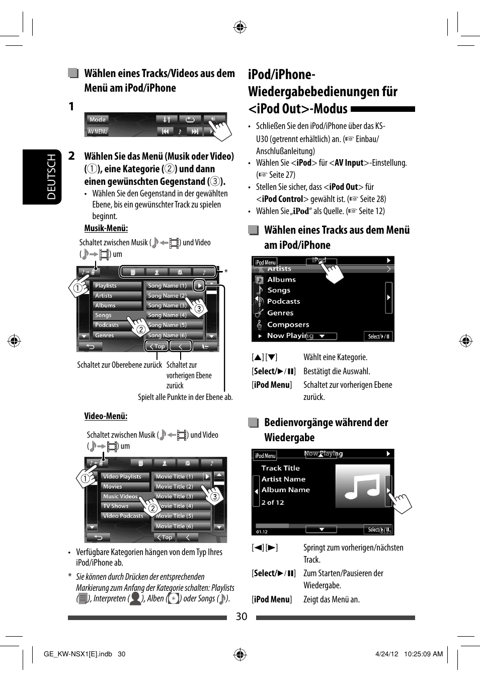 Wählen eines tracks aus dem menü am ipod/iphone, Bedienvorgänge während der wiedergabe | JVC KW-NSX1 User Manual | Page 100 / 282