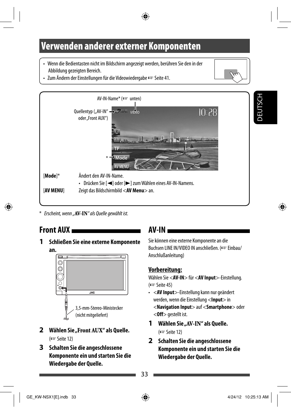 Verwenden anderer externer komponenten, Av-in front aux | JVC KW-NSX1 User Manual | Page 103 / 282