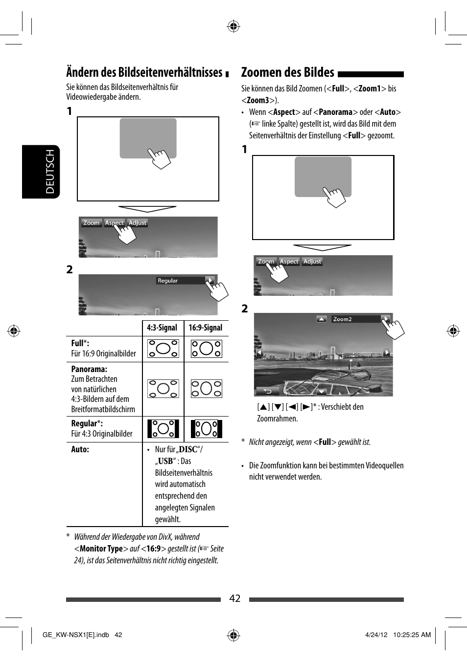 Ändern des bildseitenverhältnisses, Zoomen des bildes | JVC KW-NSX1 User Manual | Page 112 / 282