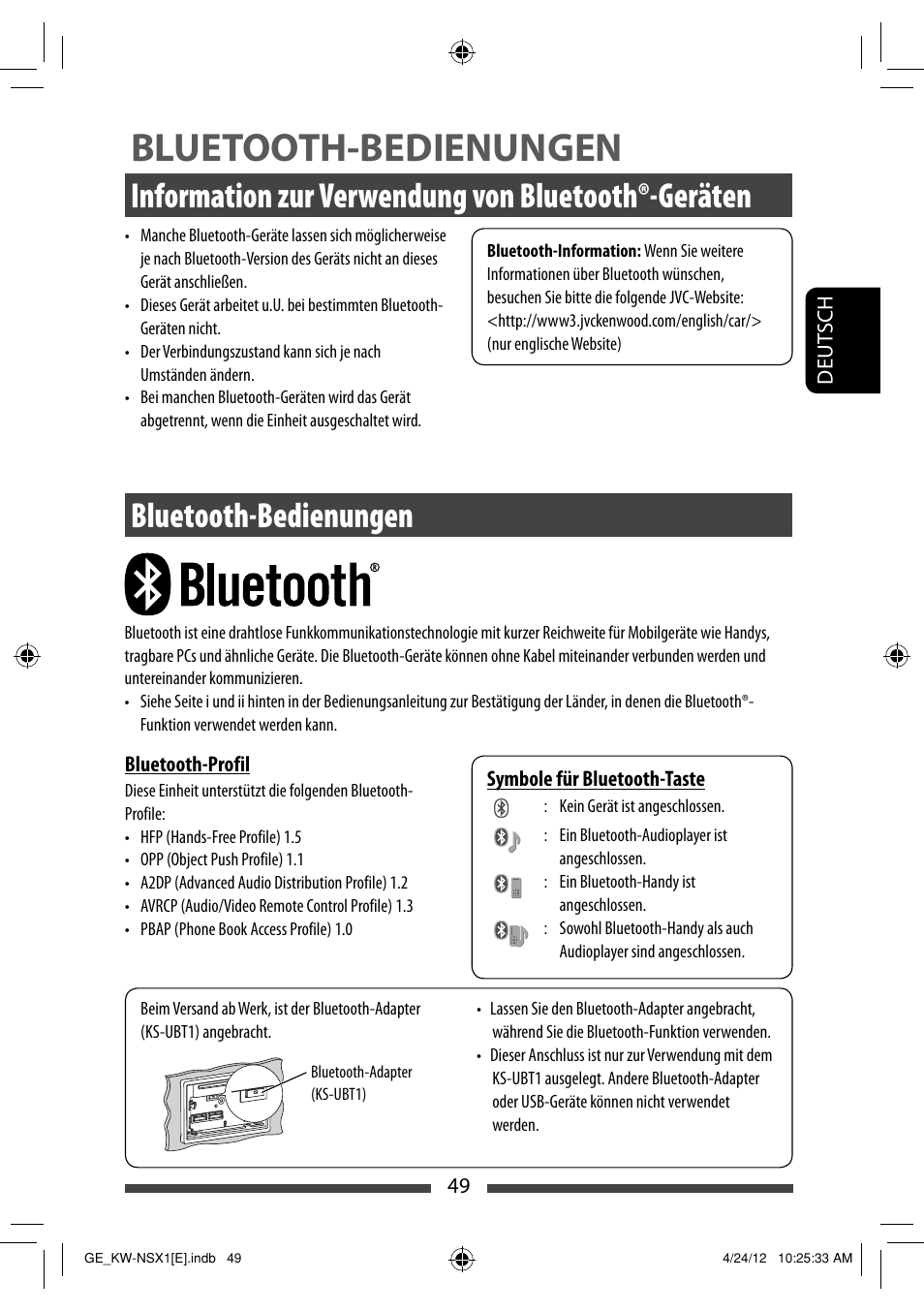 Bluetooth-bedienungen, Information zur verwendung von bluetooth®-geräten | JVC KW-NSX1 User Manual | Page 119 / 282