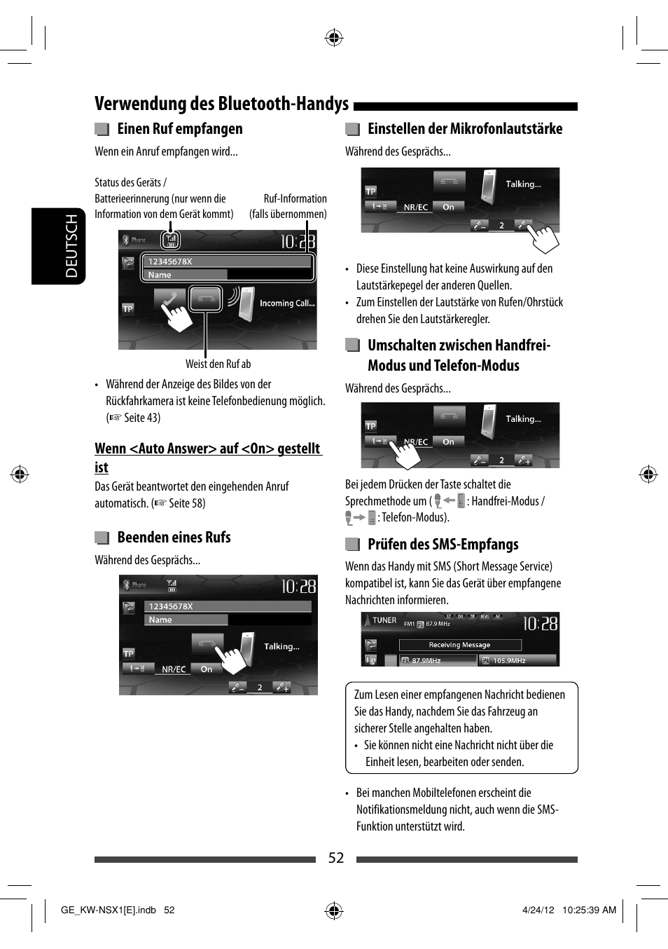 Verwendung des bluetooth-handys, Einen ruf empfangen, Beenden eines rufs | Einstellen der mikrofonlautstärke, Prüfen des sms-empfangs | JVC KW-NSX1 User Manual | Page 122 / 282