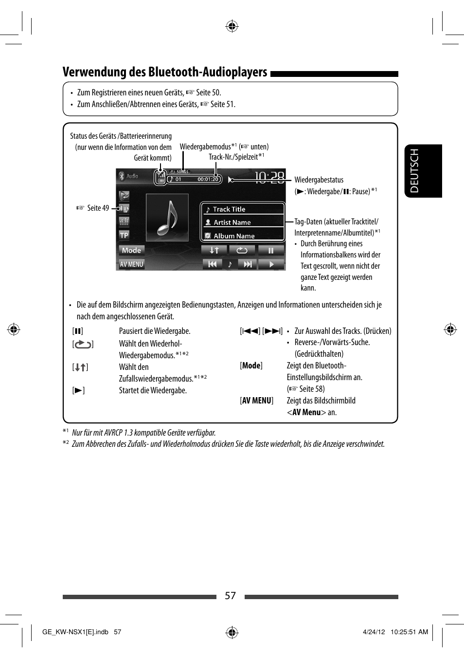 Verwendung des bluetooth-audioplayers, 57 deut sch | JVC KW-NSX1 User Manual | Page 127 / 282