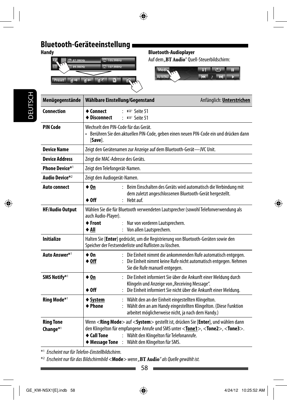 Bluetooth-geräteeinstellung, 58 deut sch | JVC KW-NSX1 User Manual | Page 128 / 282