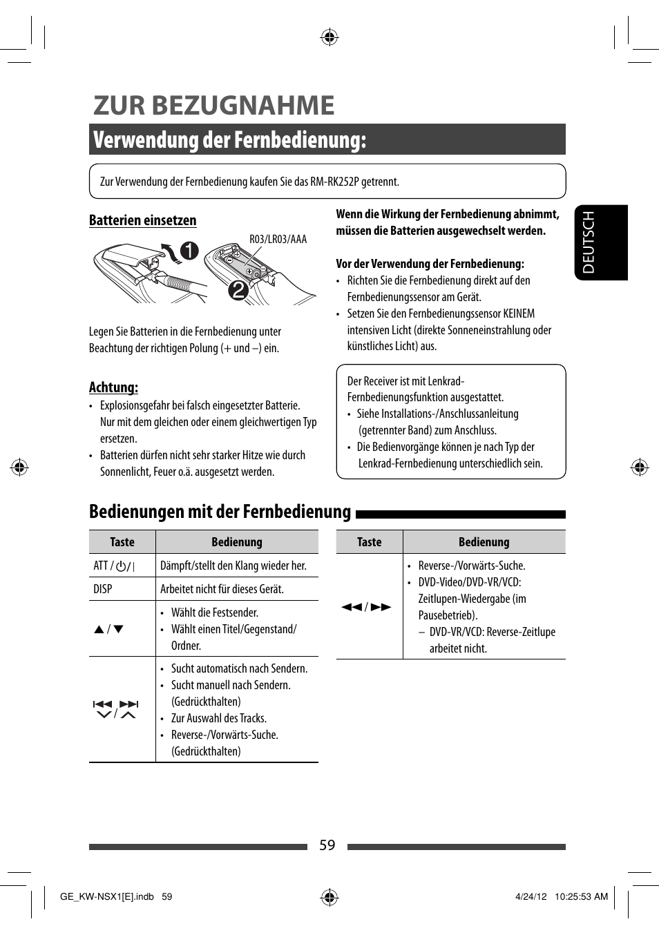 Zur bezugnahme, Verwendung der fernbedienung, Bedienungen mit der fernbedienung | JVC KW-NSX1 User Manual | Page 129 / 282