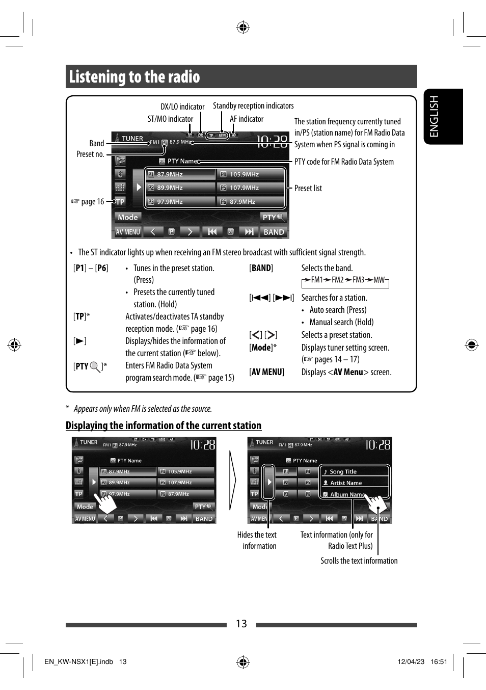 Listening to the radio | JVC KW-NSX1 User Manual | Page 13 / 282