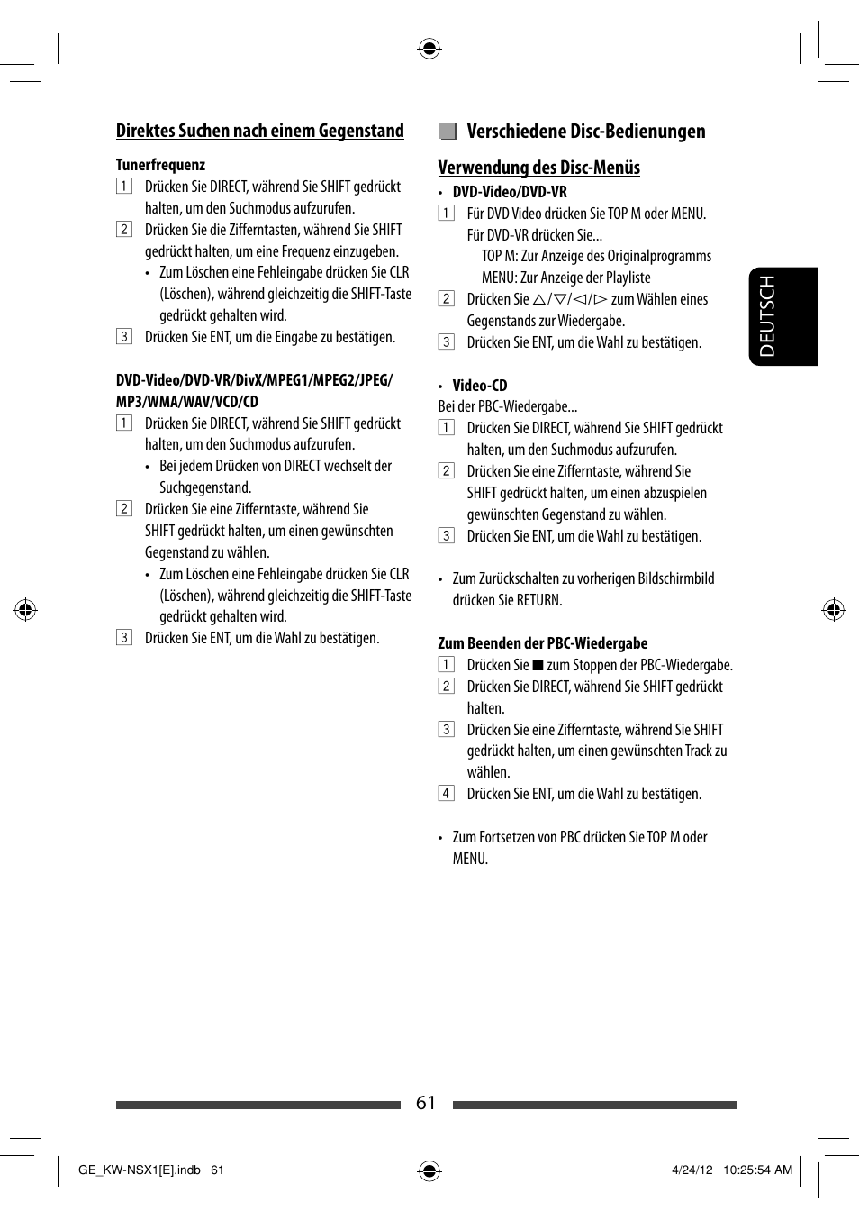 Verschiedene disc-bedienungen | JVC KW-NSX1 User Manual | Page 131 / 282