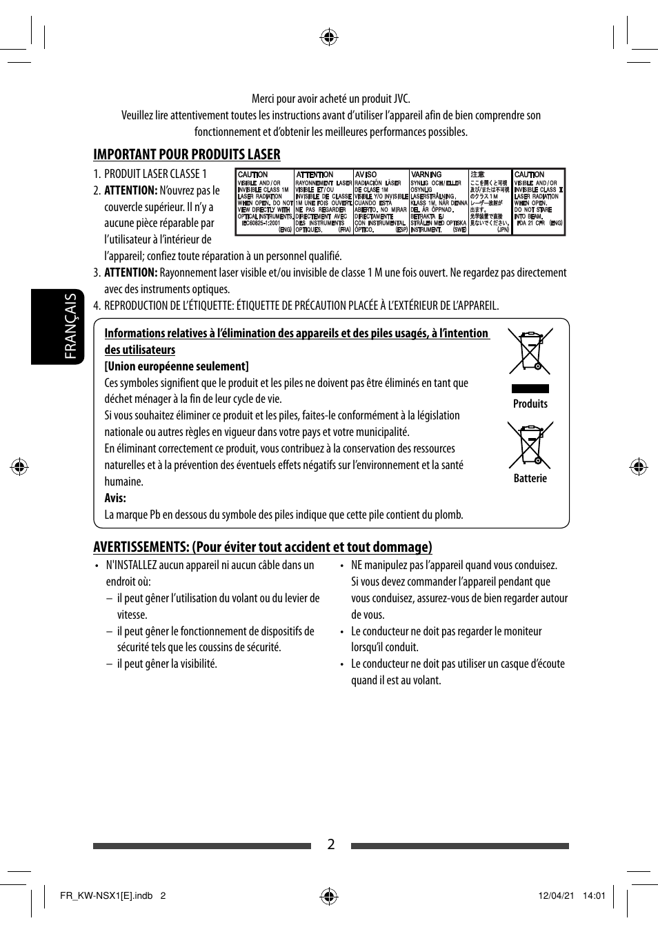 2français, Important pour produits laser | JVC KW-NSX1 User Manual | Page 142 / 282