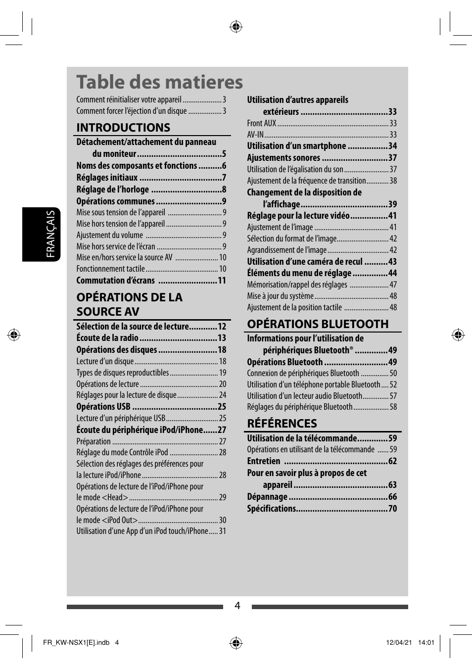 Table des matieres, Introductions, Opérations de la source av | Opérations bluetooth, Références | JVC KW-NSX1 User Manual | Page 144 / 282