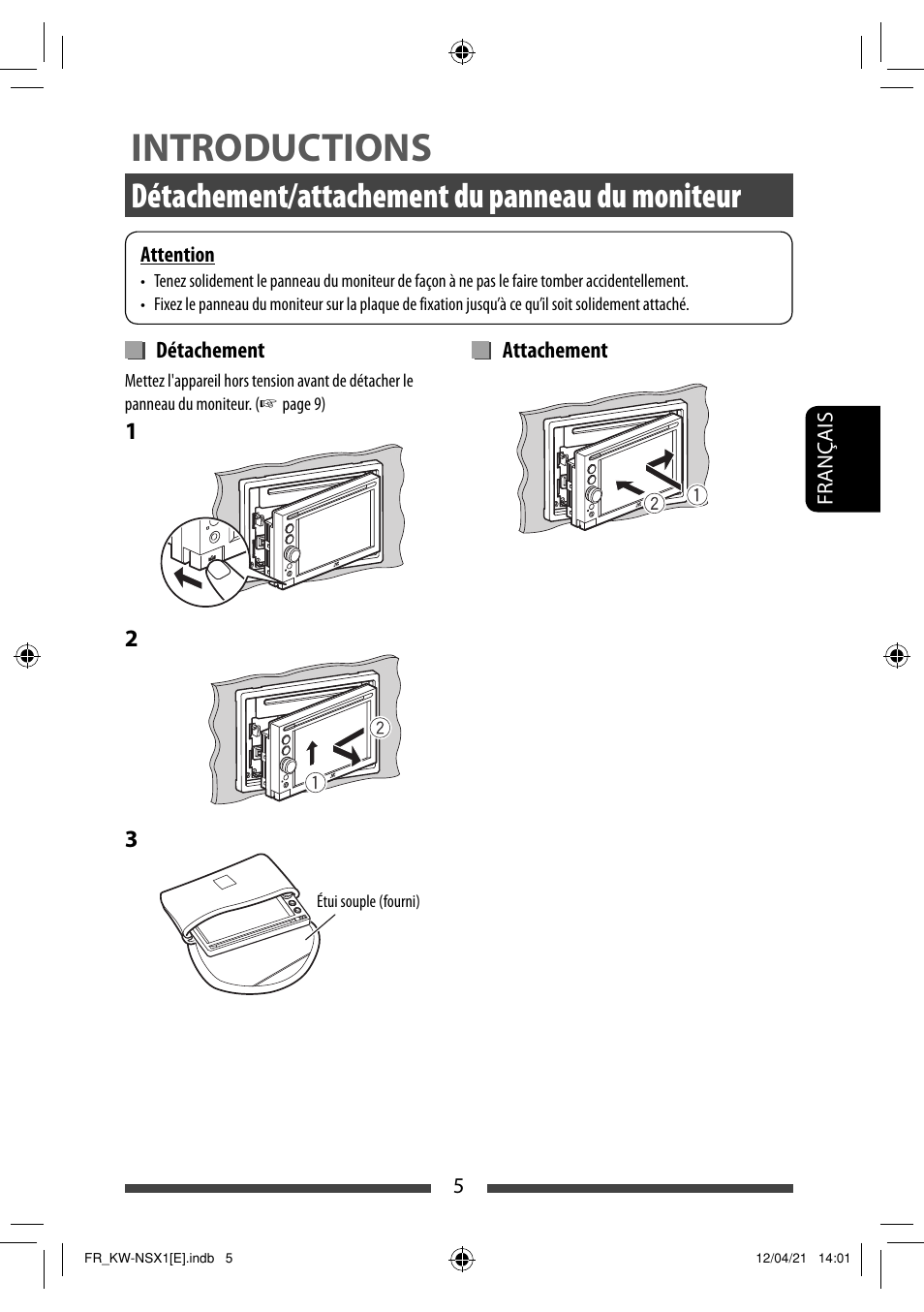 Introductions, Détachement/attachement du panneau du moniteur | JVC KW-NSX1 User Manual | Page 145 / 282