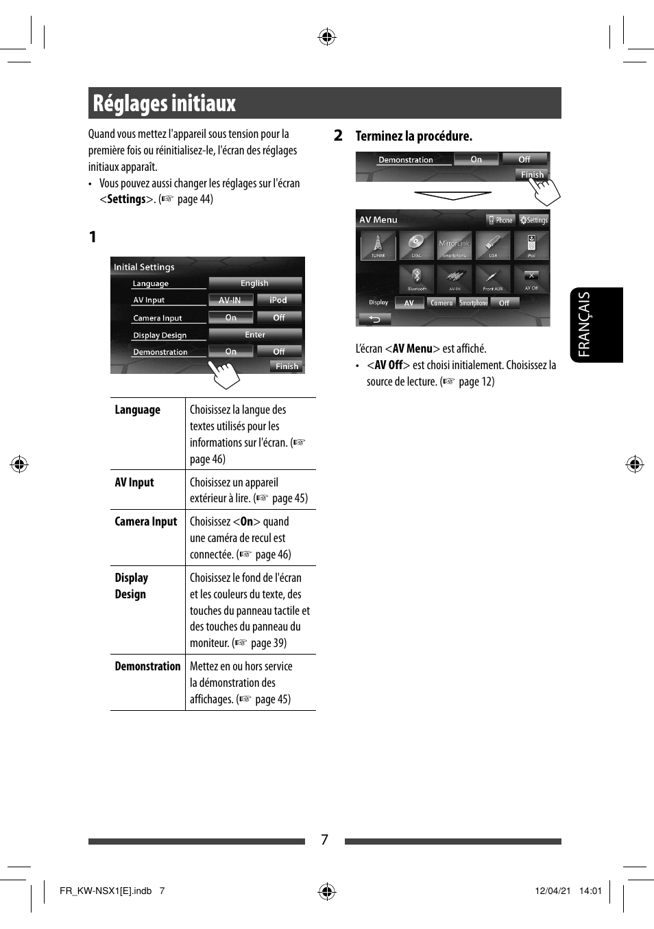 Réglages initiaux | JVC KW-NSX1 User Manual | Page 147 / 282