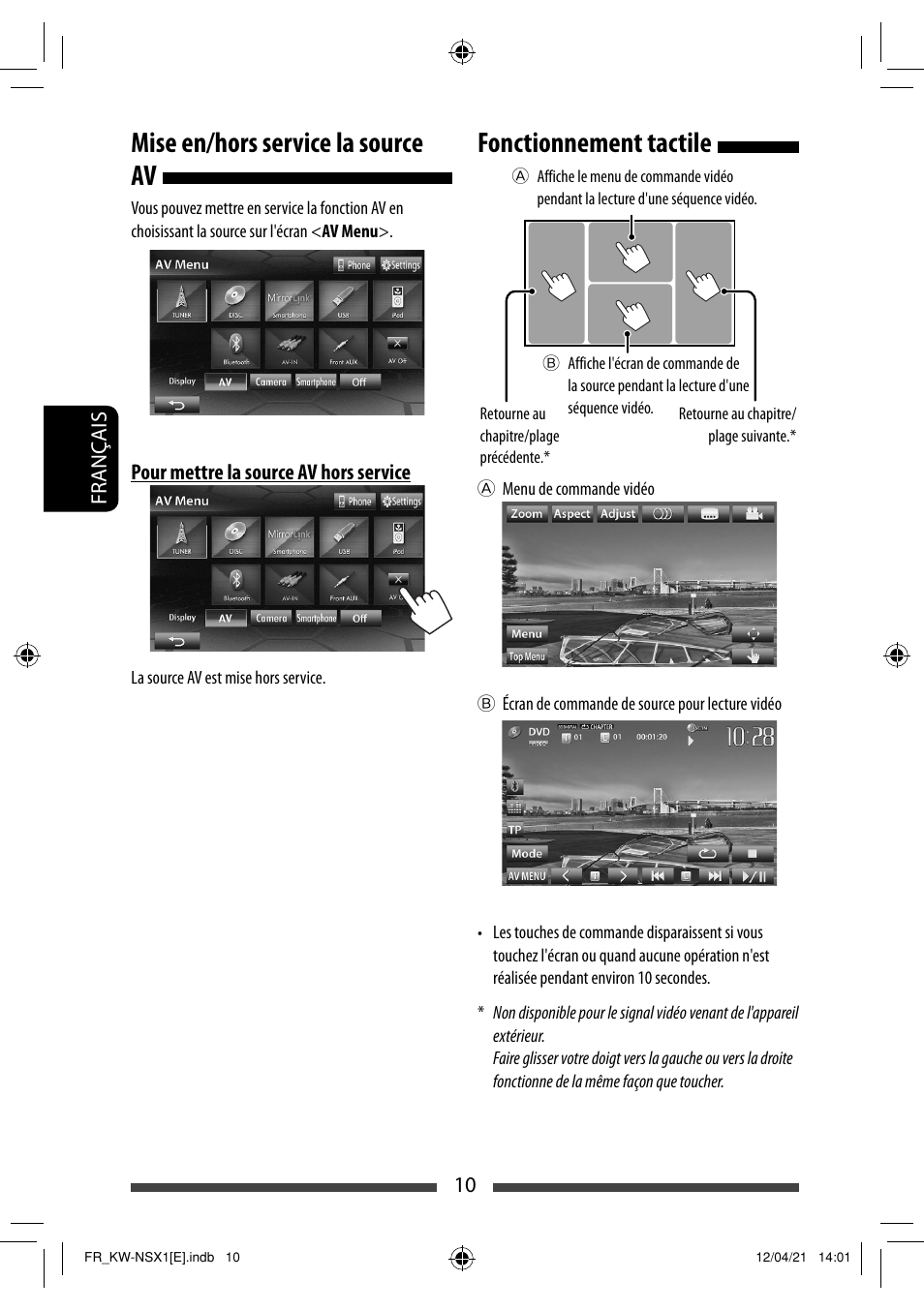 Fonctionnement tactile, Mise en/hors service la source av | JVC KW-NSX1 User Manual | Page 150 / 282