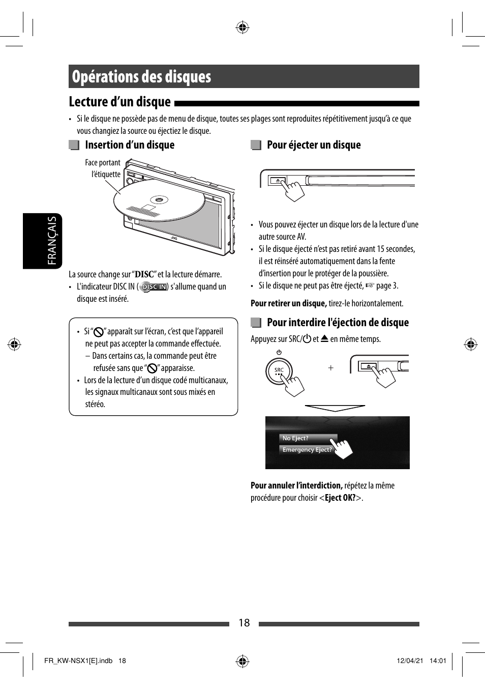 Opérations des disques, Lecture d’un disque, Pour éjecter un disque | Pour interdire l'éjection de disque, Insertion d’un disque | JVC KW-NSX1 User Manual | Page 158 / 282