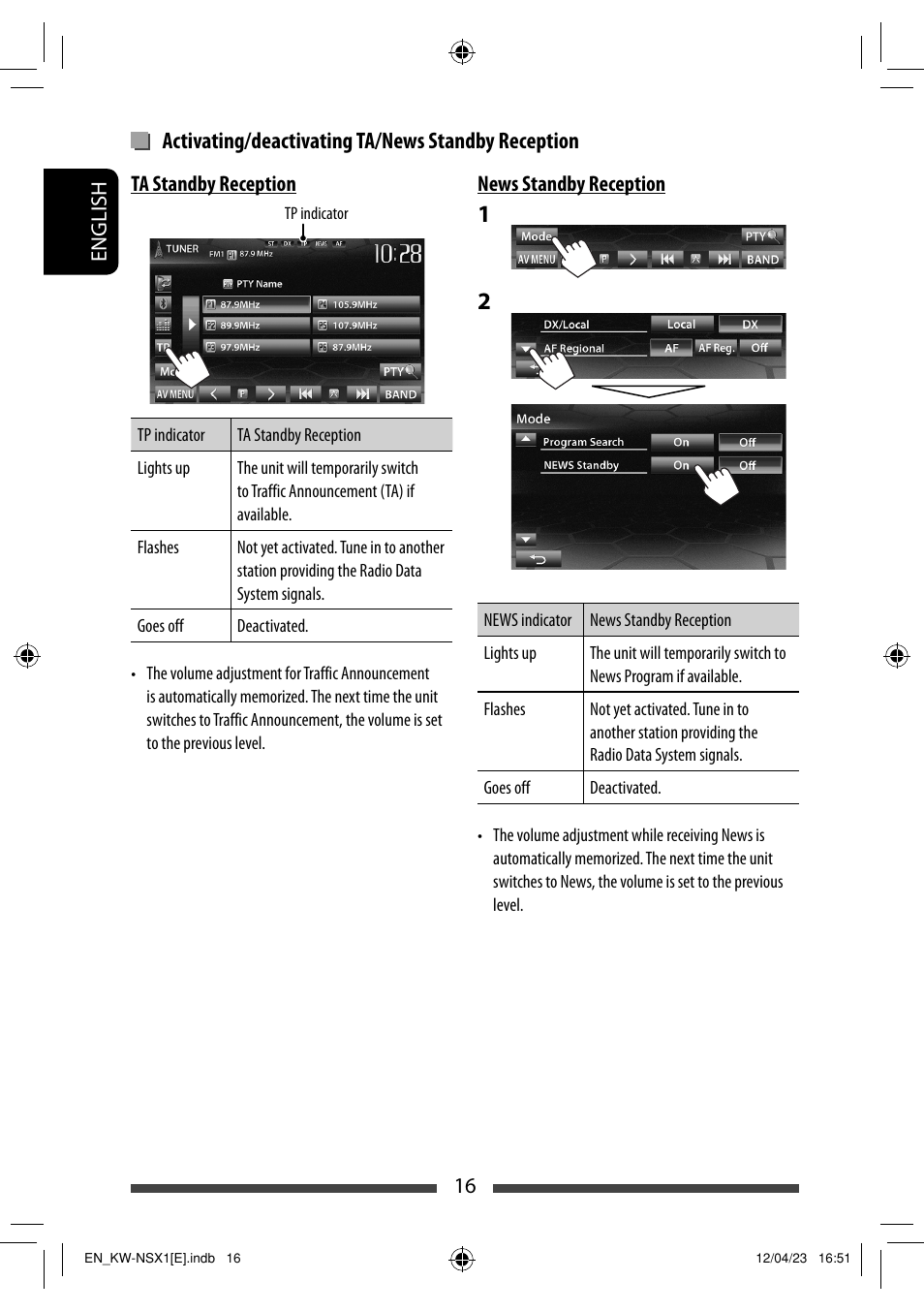 Activating/deactivating ta/news standby reception | JVC KW-NSX1 User Manual | Page 16 / 282