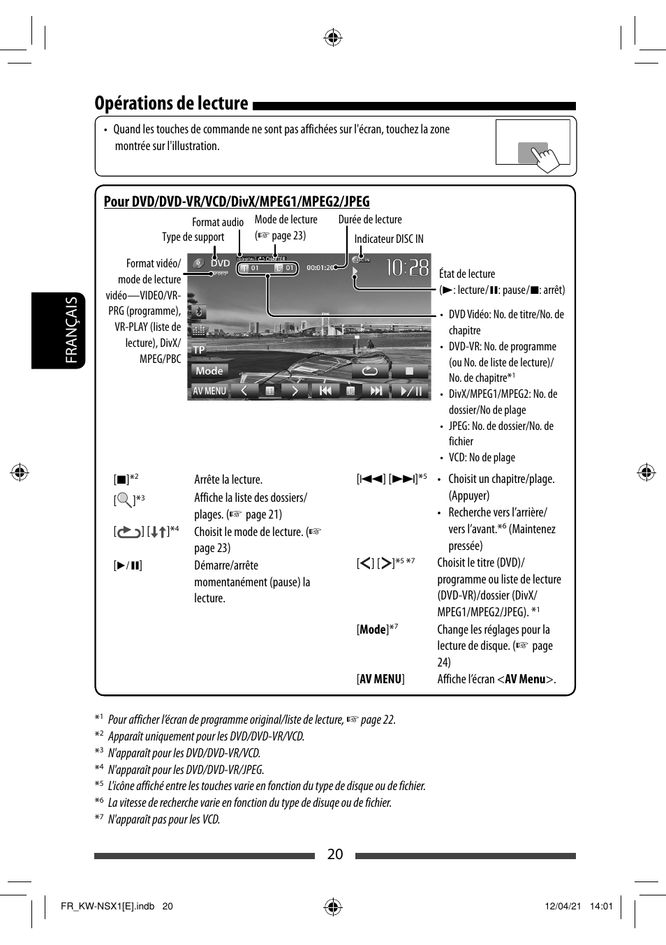 Opérations de lecture, 20 français, Pour dvd/dvd-vr/vcd/divx/mpeg1/mpeg2/jpeg | JVC KW-NSX1 User Manual | Page 160 / 282