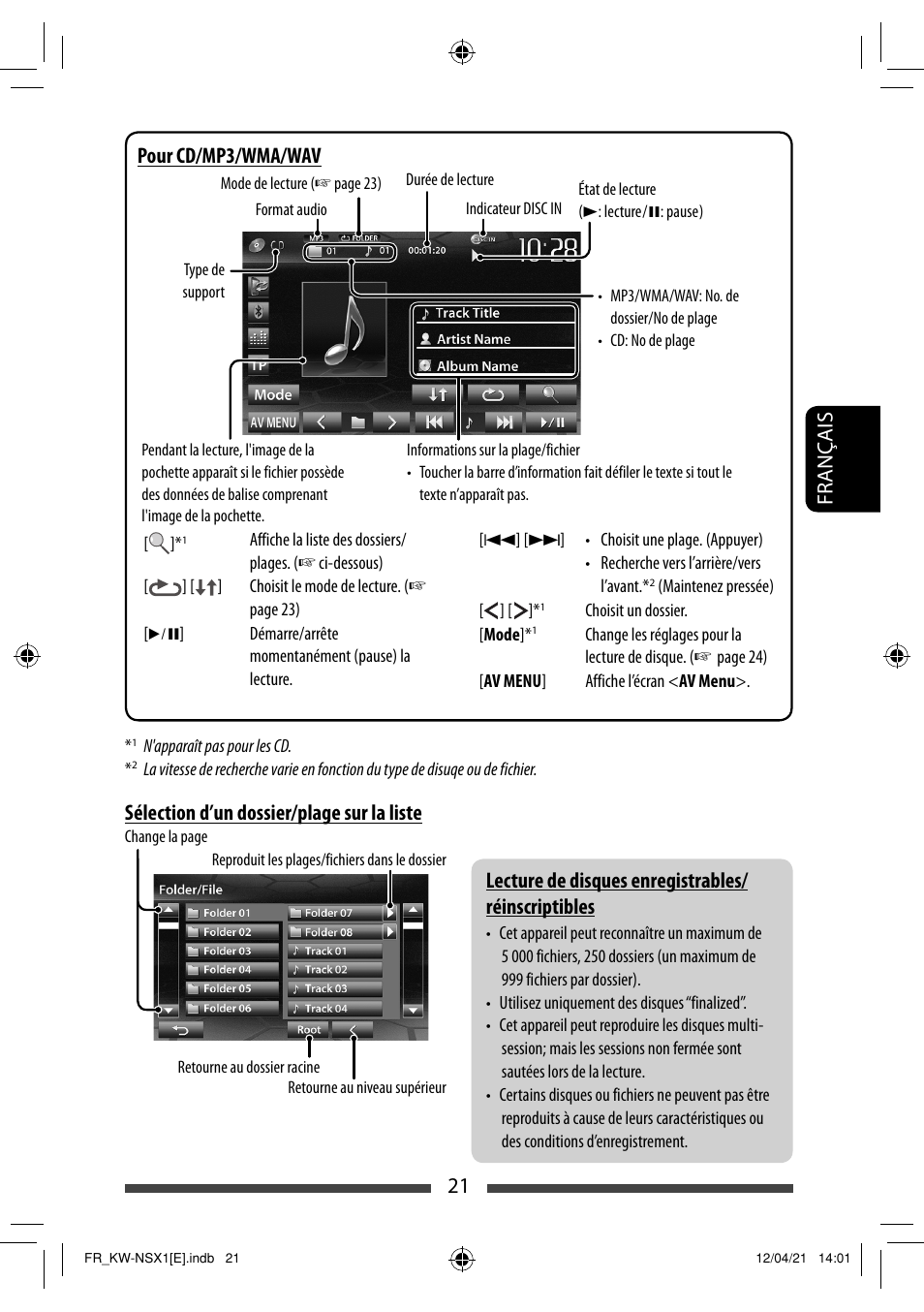 Sélection d’un dossier/plage sur la liste, Pour cd/mp3/wma/wav | JVC KW-NSX1 User Manual | Page 161 / 282