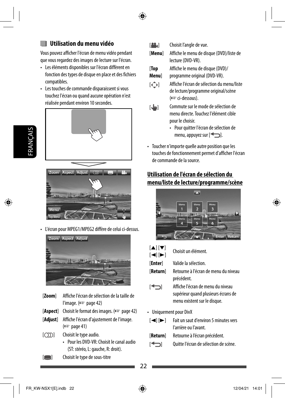 Utilisation du menu vidéo | JVC KW-NSX1 User Manual | Page 162 / 282