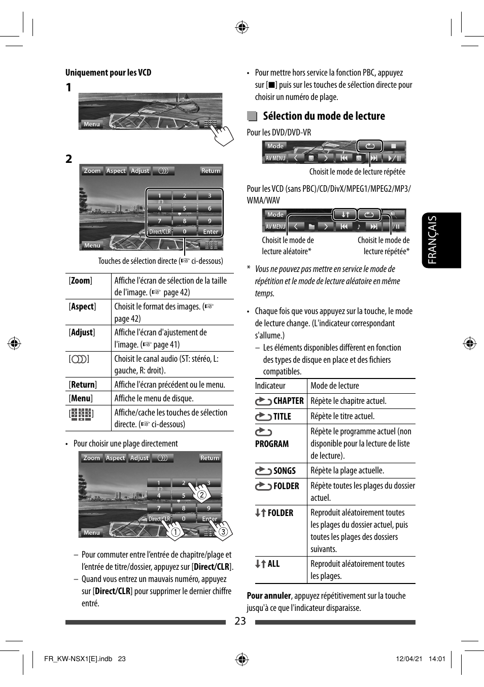 Sélection du mode de lecture | JVC KW-NSX1 User Manual | Page 163 / 282