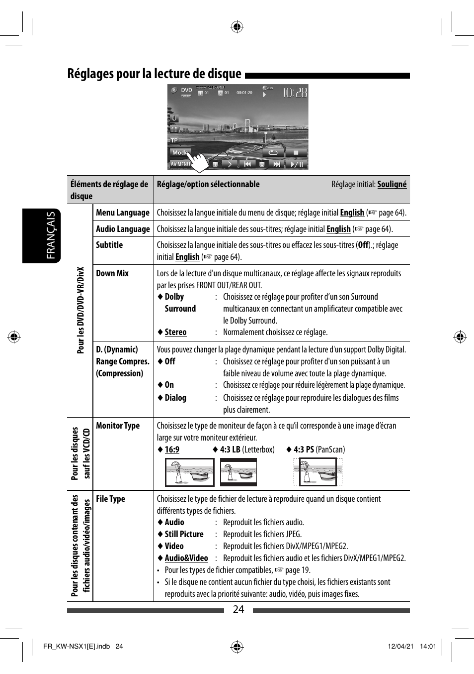 Réglages pour la lecture de disque | JVC KW-NSX1 User Manual | Page 164 / 282