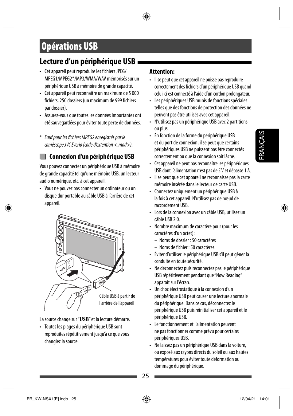 Opérations usb, Lecture d’un périphérique usb, Connexion d'un périphérique usb | JVC KW-NSX1 User Manual | Page 165 / 282