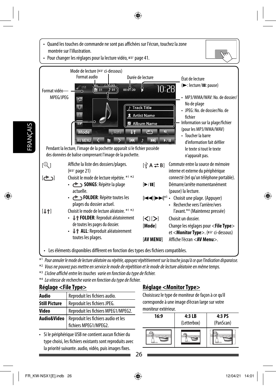 26 français réglage <file type, Réglage <monitor type | JVC KW-NSX1 User Manual | Page 166 / 282